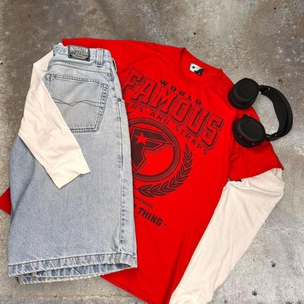Red world famous stars and straps tee clean F tee summer time‎ y2k skate